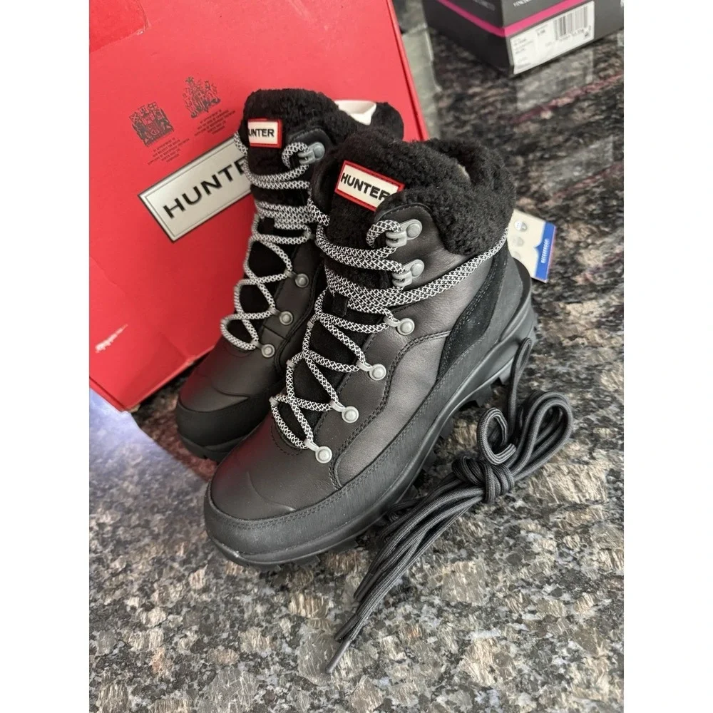 NEW HUNTER SIZE‎ 7 WOMEN'S EXPLORER MID LACE LEATHER BLACK BOOTS WATERPROOF